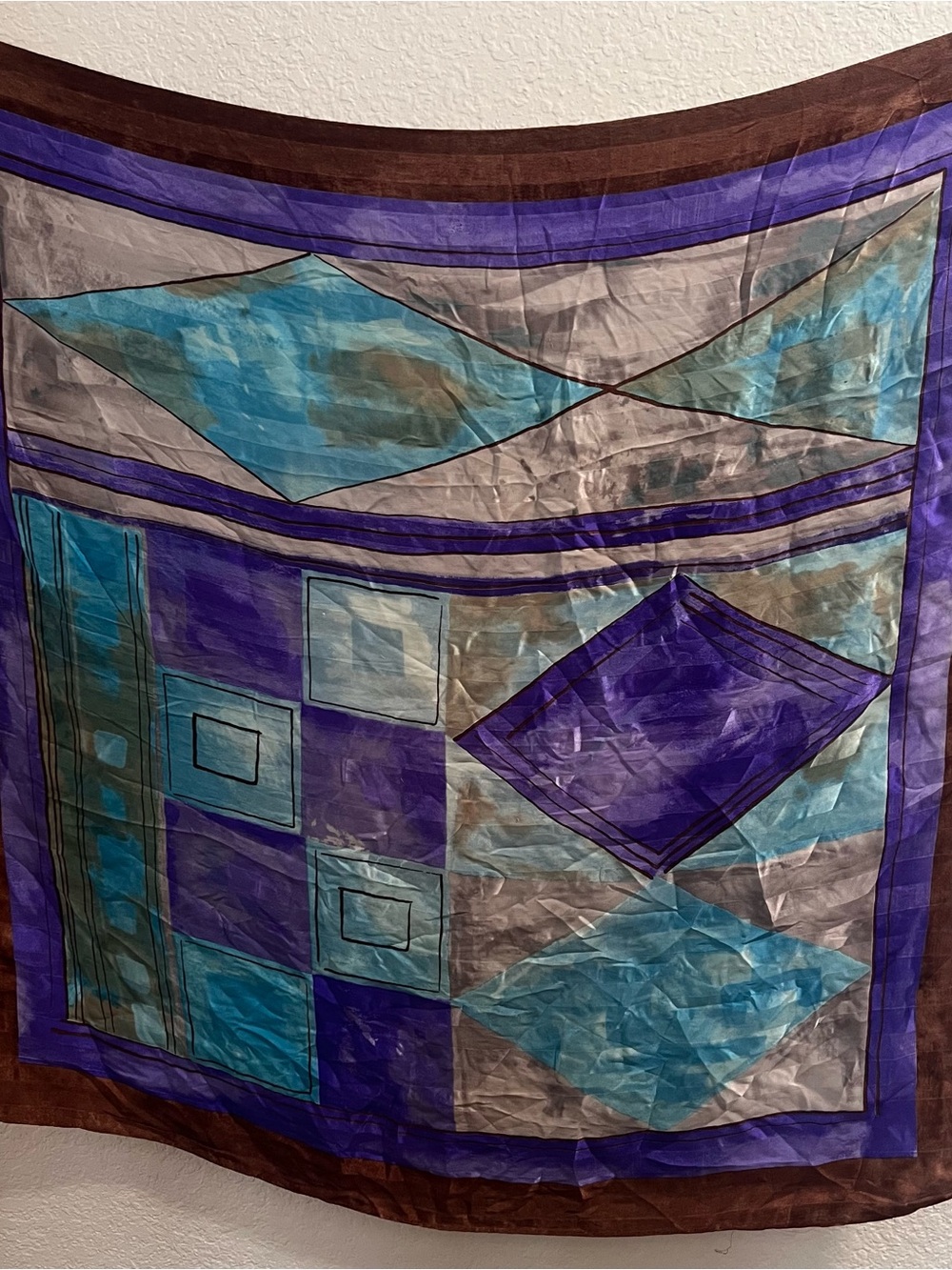 Vakko Geometric Silk Scarf in Purple, Turquoise, Brown